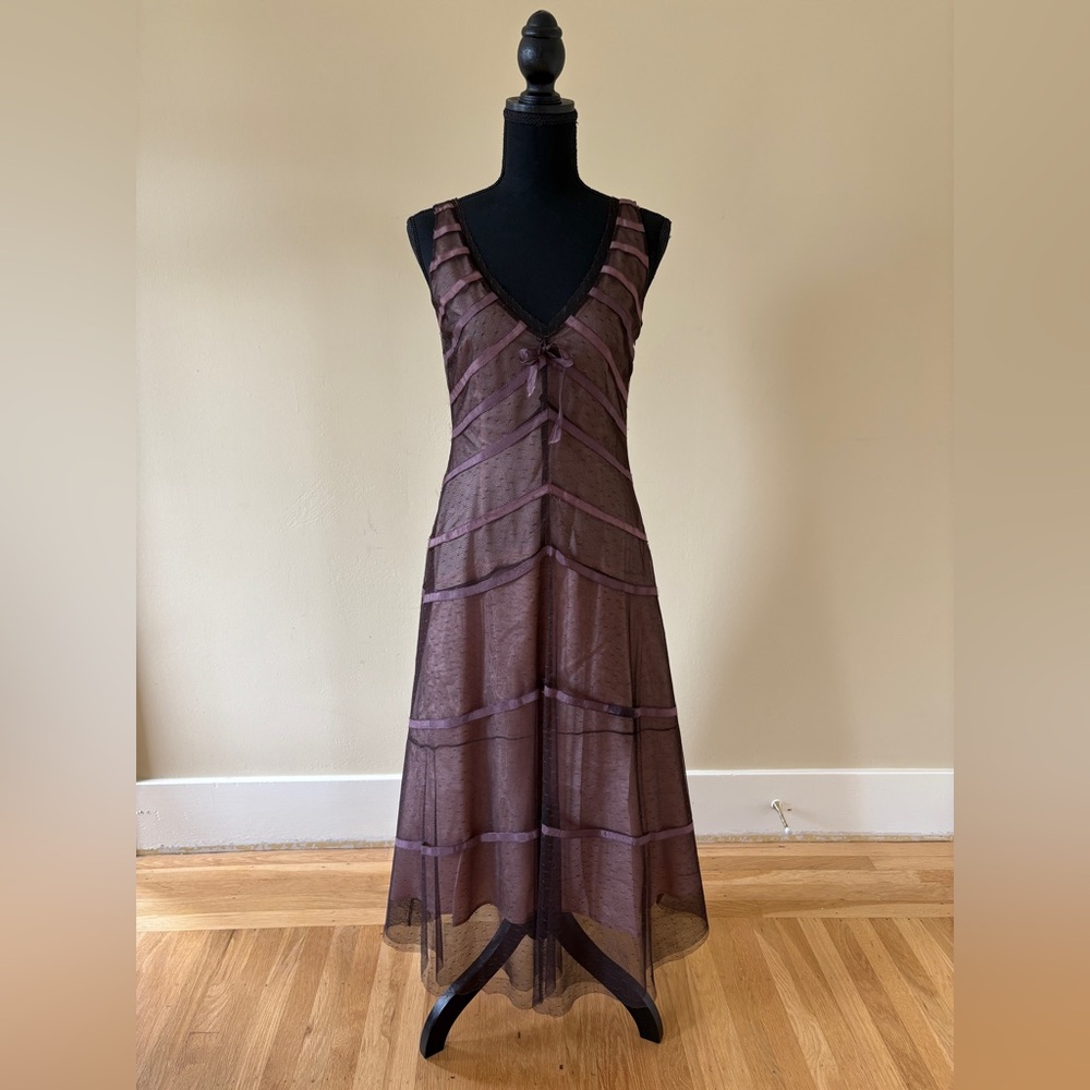 BCBGMaxAzria Deep Plum Lace and Ribbon Overlay Midi Dress